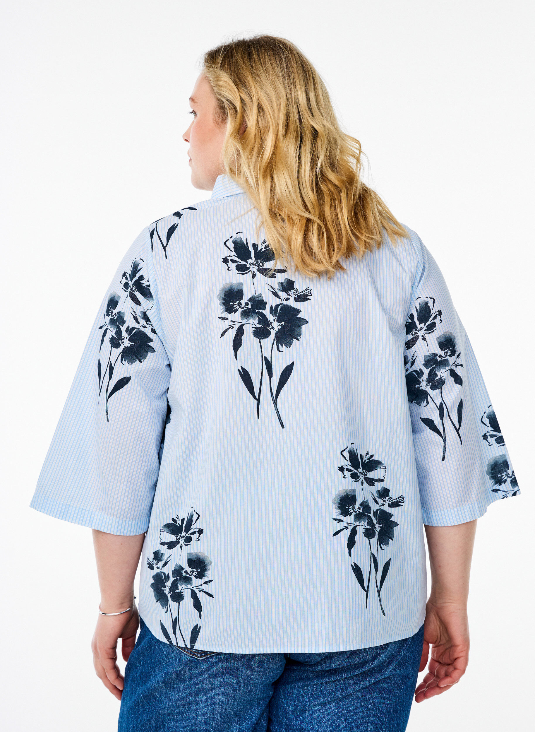 ZizziGestreept overhemd met bloemenprint en 3/4 mouwen, Blauw, Model image number 2