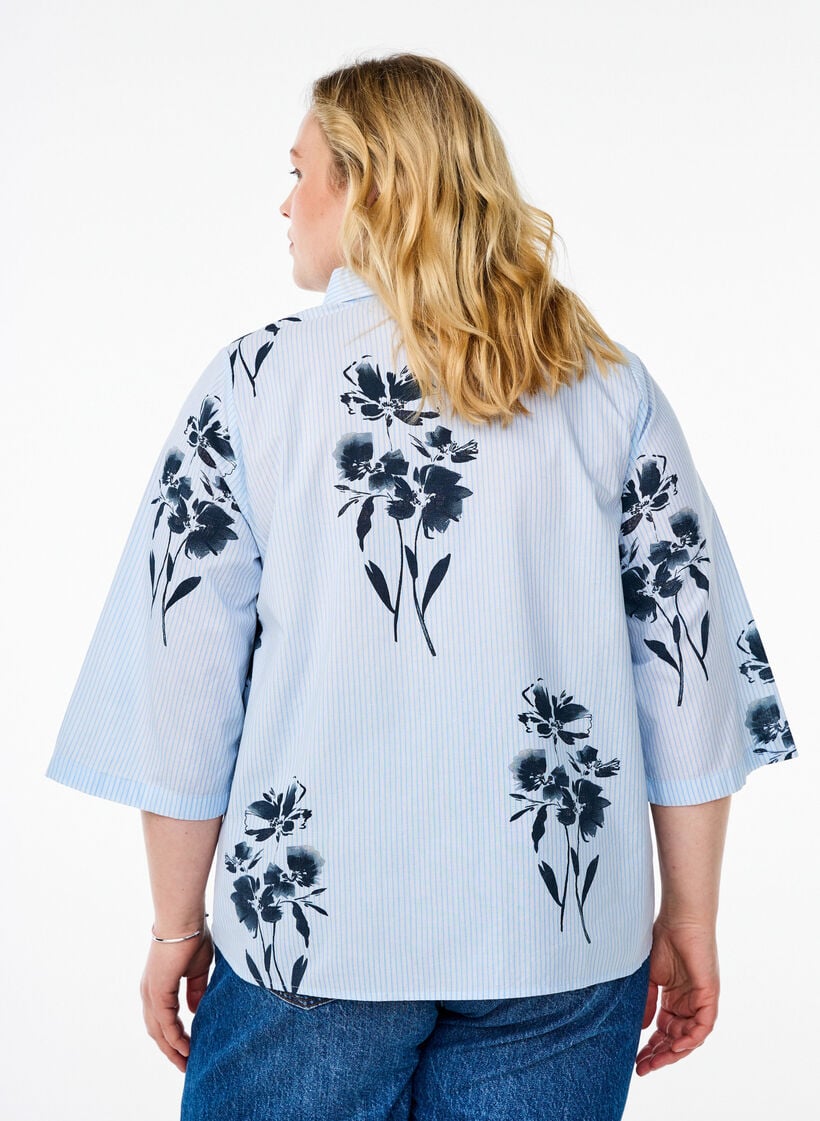 Gestreept overhemd met bloemenprint en 3/4 mouwen, Blauw, Model image number 2