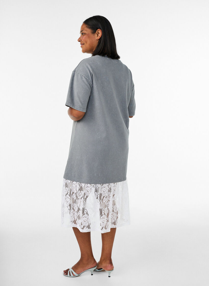 Losse T-shirt jurk met kanten afwerking, Grijs, Model image number 1