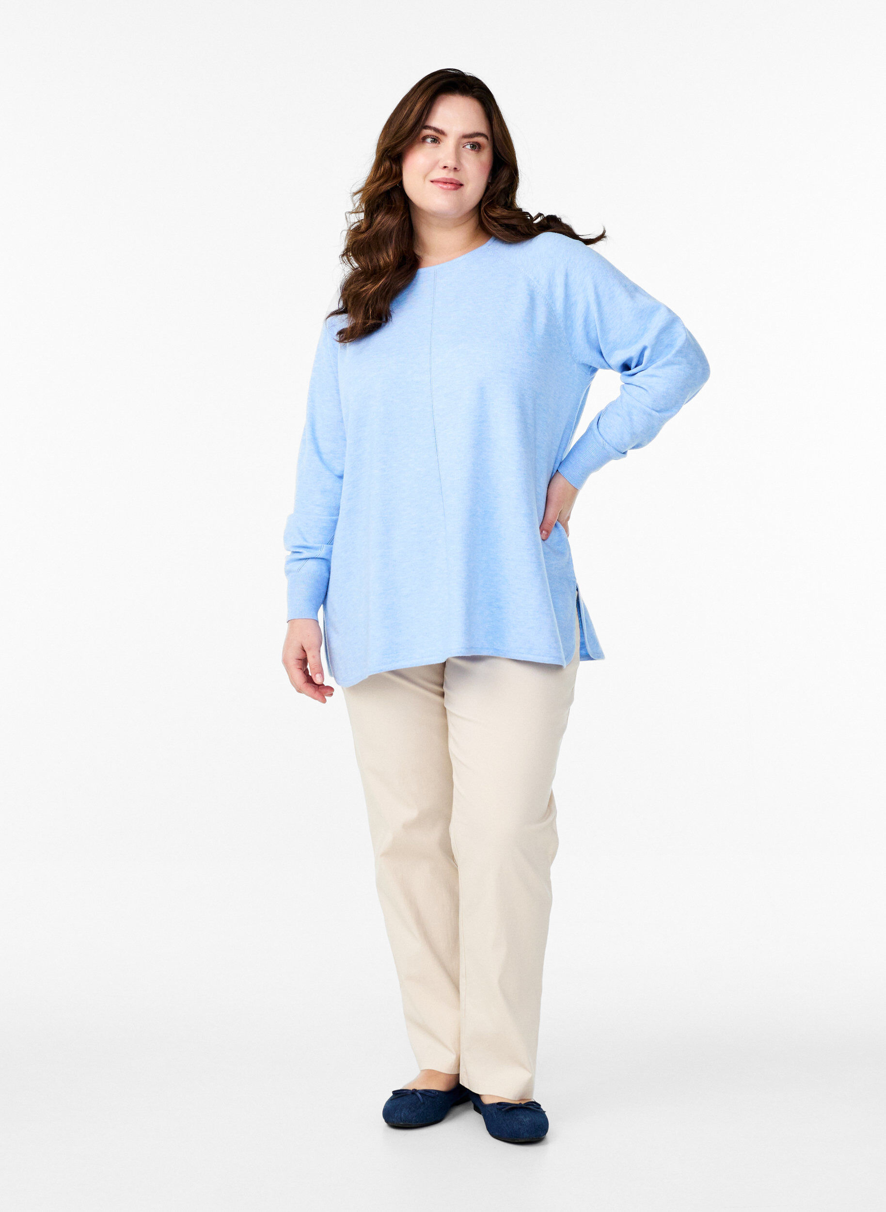 ZizziGebreide blouse met ronde hals en gebreid patroon, Blauw, Model image number 1