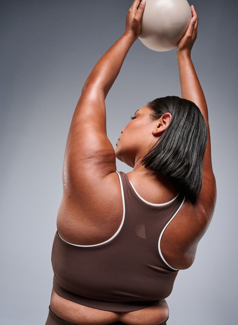 Racerback sport-bh met contrasterende biezen, Bruin, Image image number 0