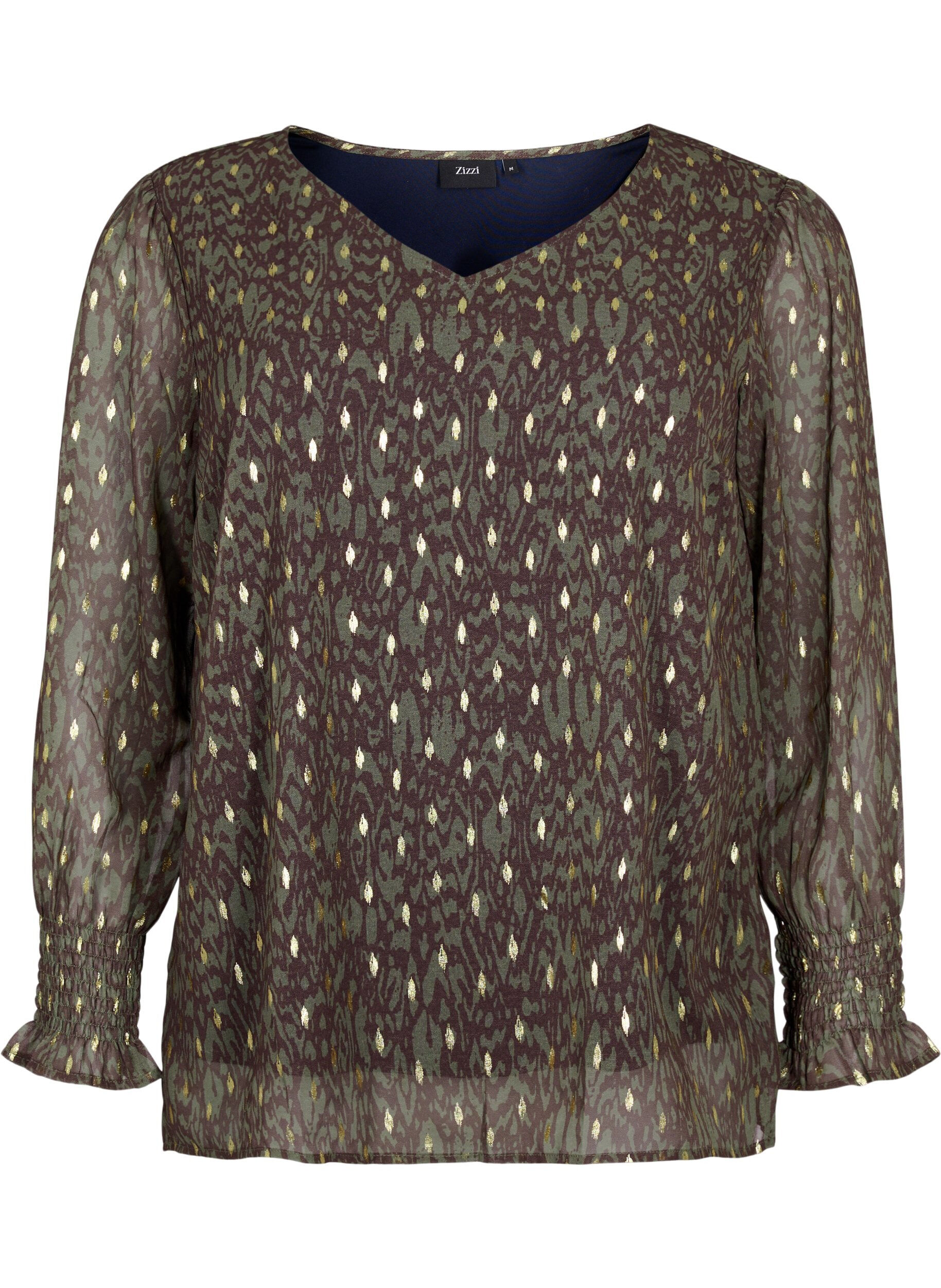 ZizziBlouse met print en lange mouwen, Green Ethnic AOP, Packshot image number 0