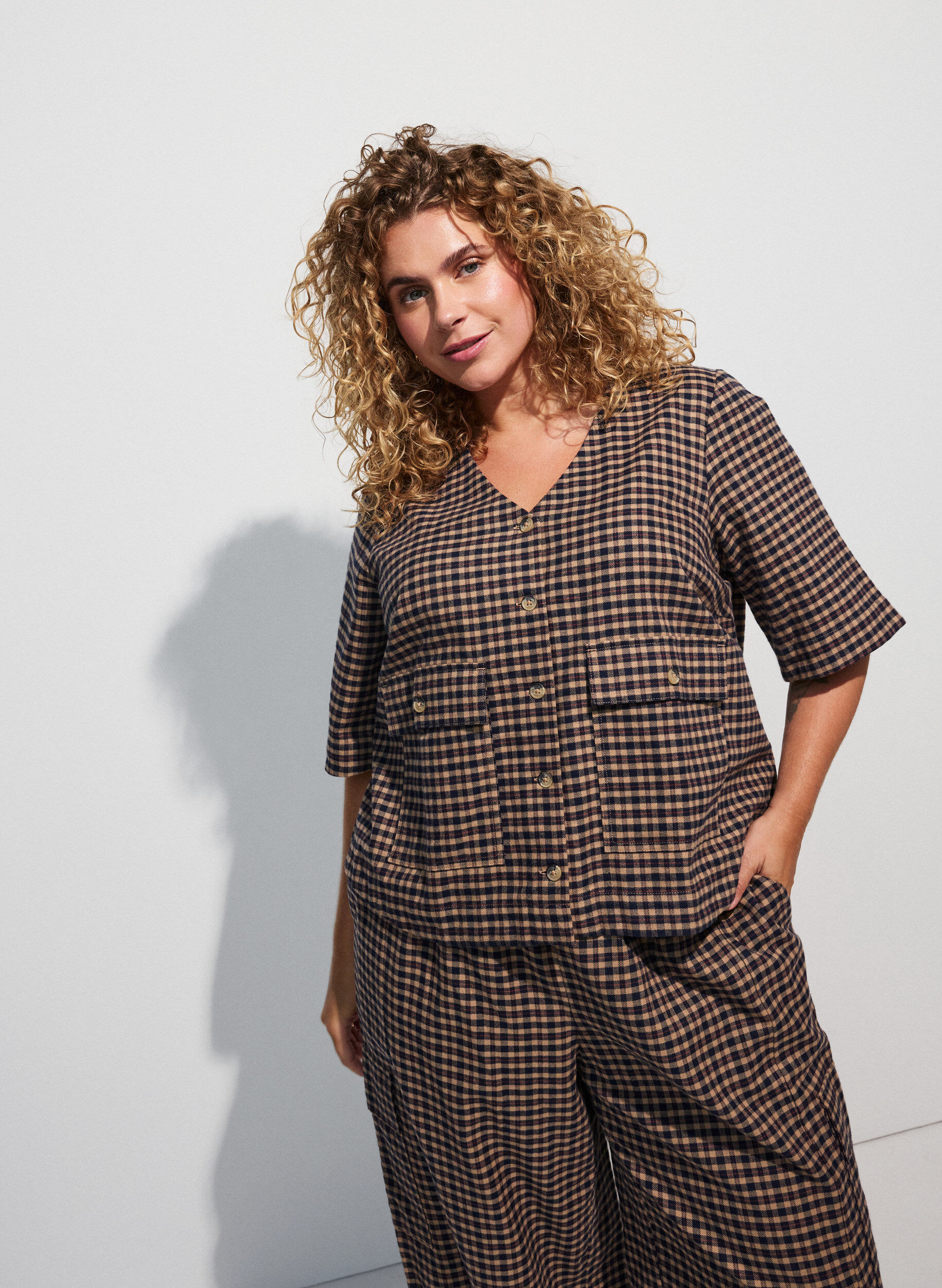 ZizziGeruite blouse met borstzakken, Bruin, Model image number 4