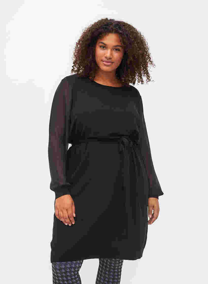 Gebreide jurk met transparante mouwen, Black, Model