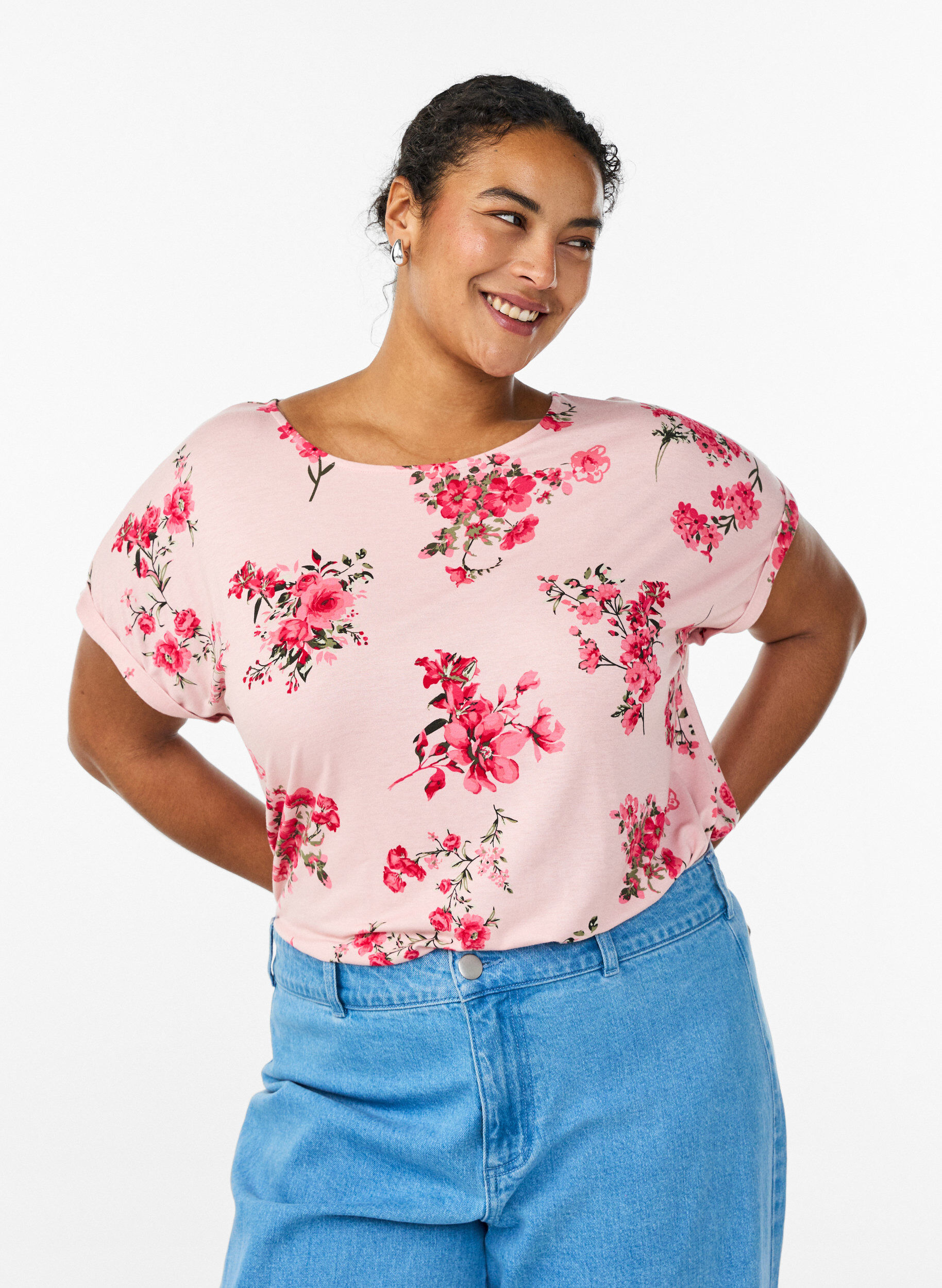 Zizzi T-shirt avec imprim&eacute; floral, Rose, Model image number 0