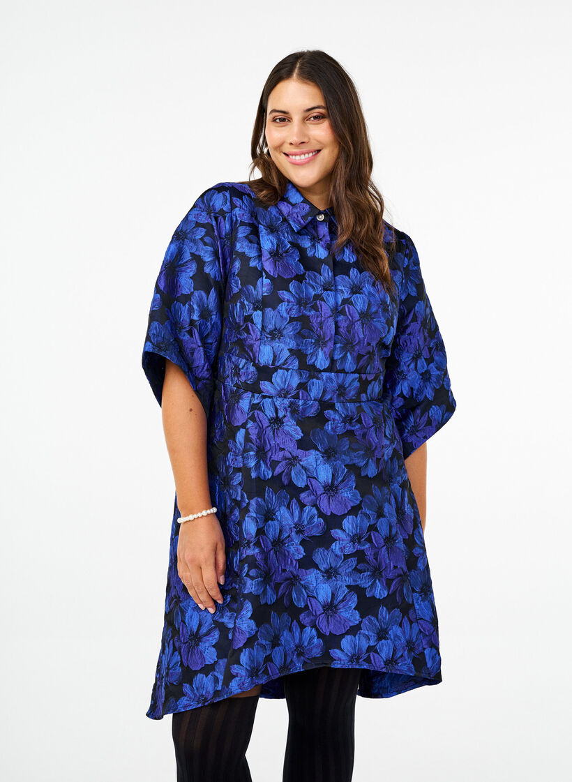 Robe courte en jacquard avec manches 3/4, Black Blue, Model image number 0