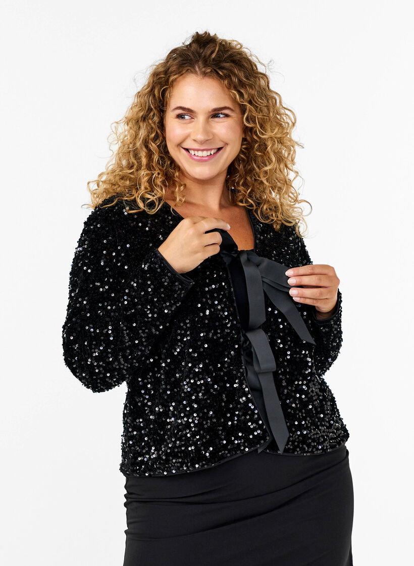 Pailletten blouse met strikdetails, Black, Model image number 0