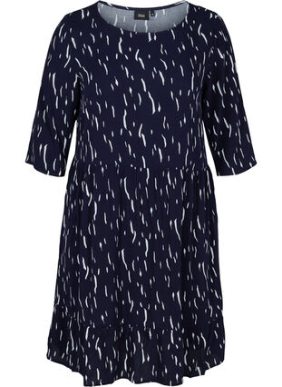 Viscose jurk met print en 3/4 mouwen, Night Sky Rain, Packshot image number 0