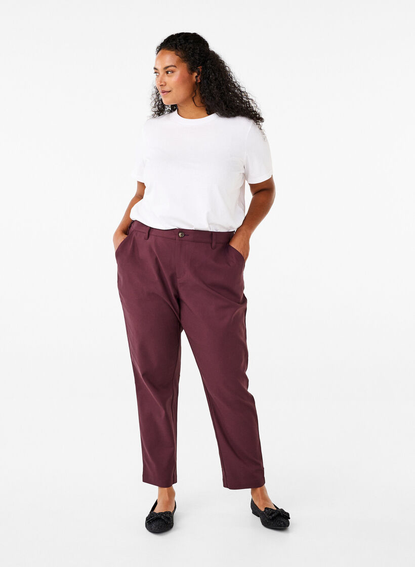 Broek met hoge taille en rechte pijpen, Donker Bordeaux, Model image number 0