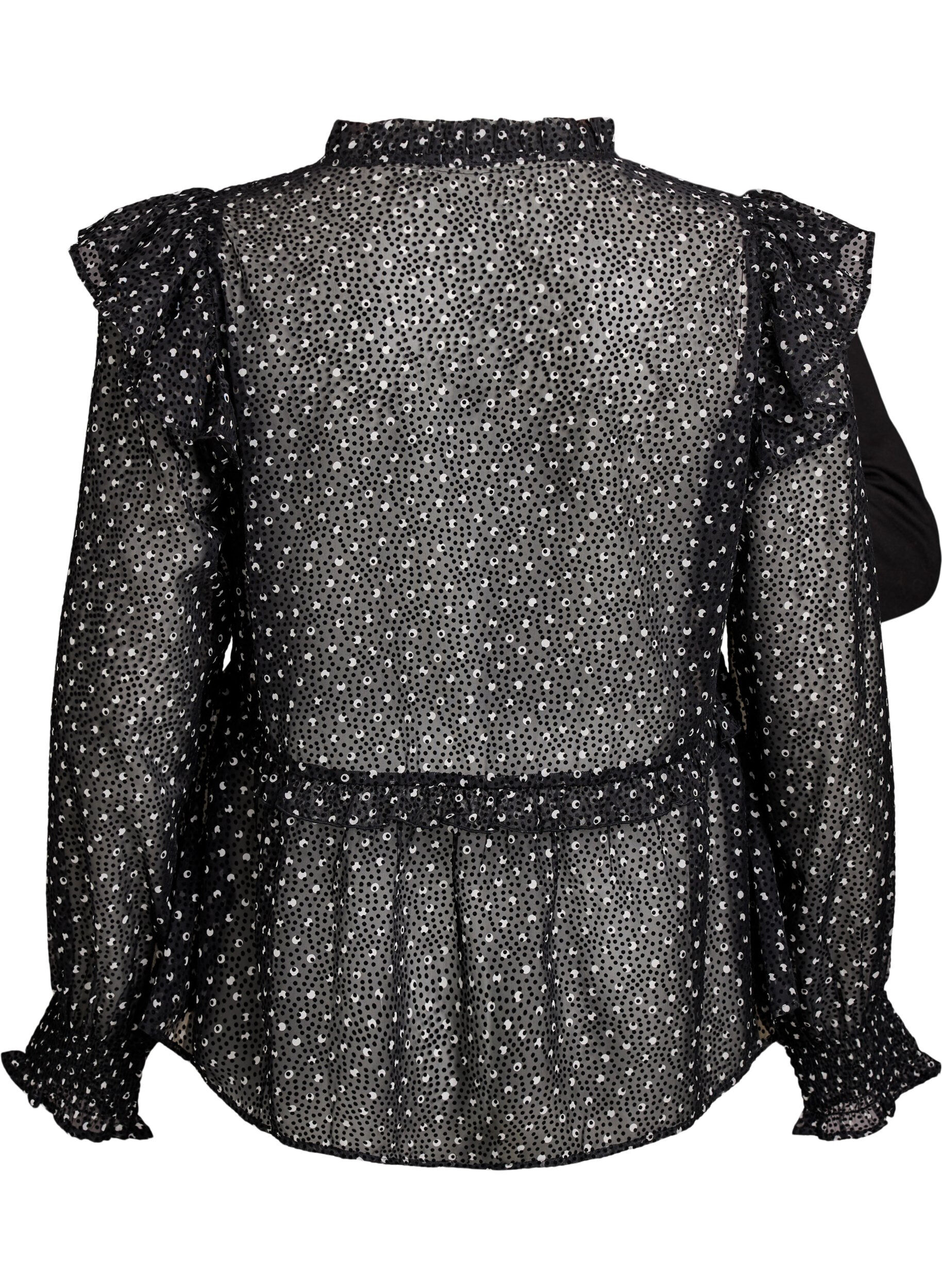 Zizzi Blouse en mousseline &agrave; petits pois avec volants, Noir, Packshot image number 1