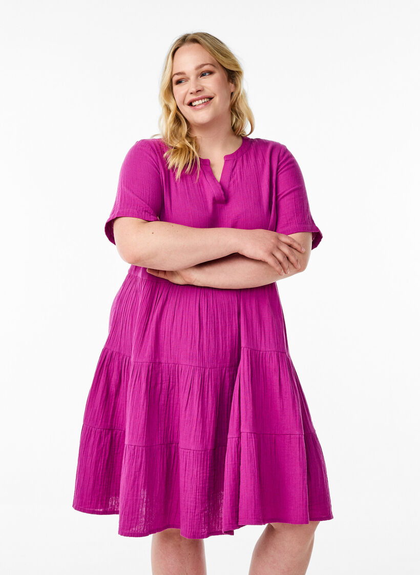 Knielange katoenen mousseline jurk met een A-lijn, Paars, Model image number 0