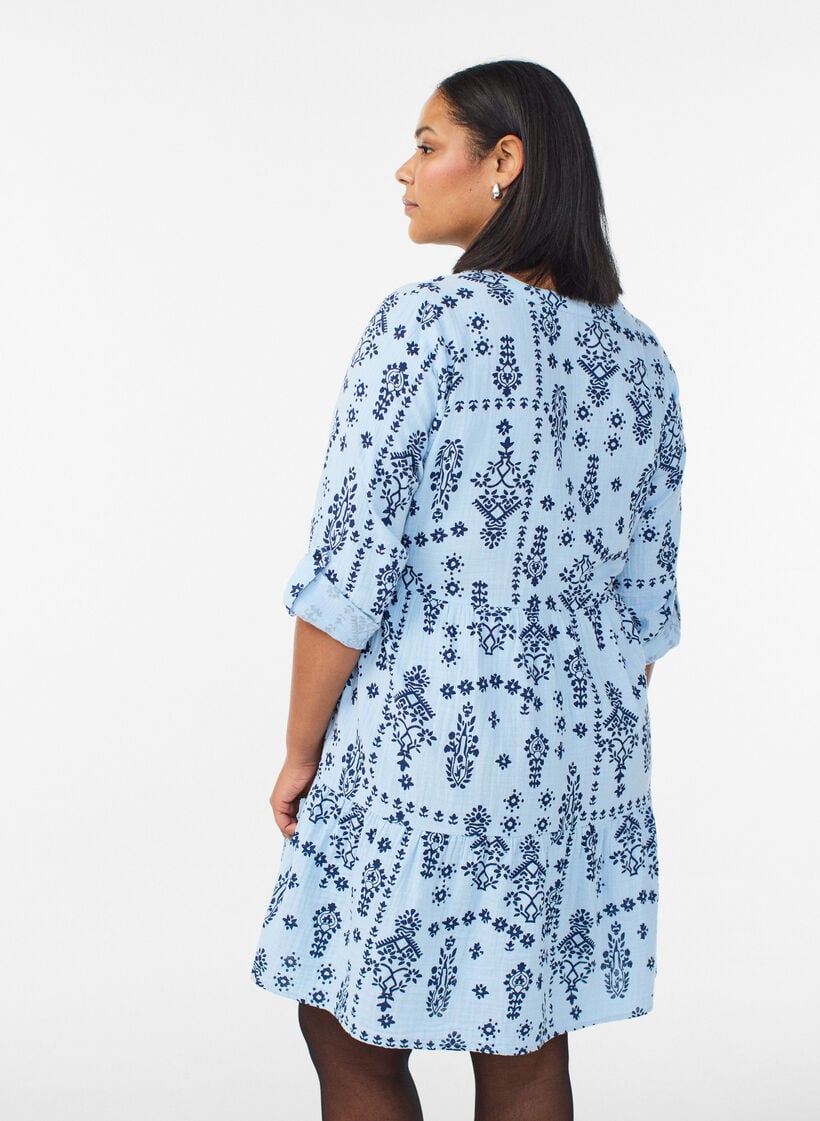 Robe courte en mousseline de coton &agrave; motif, Bleu Clair, Model image number 2