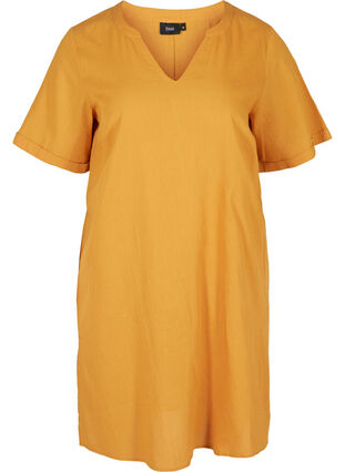 Robe à manches courtes en coton mélangé avec du lin, Honey Mustard, Packshot image number 0