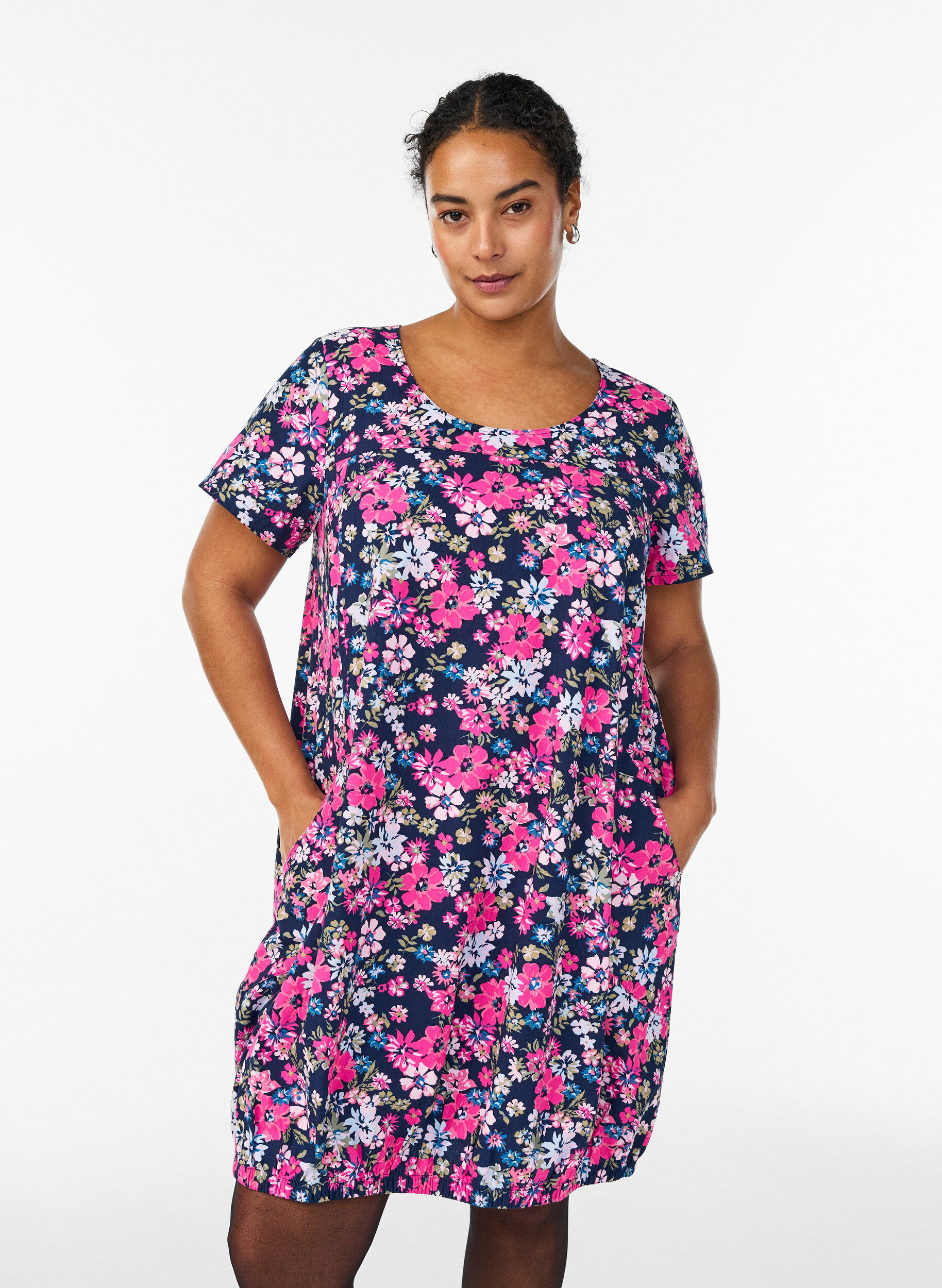 Katoenen jurk met korte mouwen en print, Blauw, Model