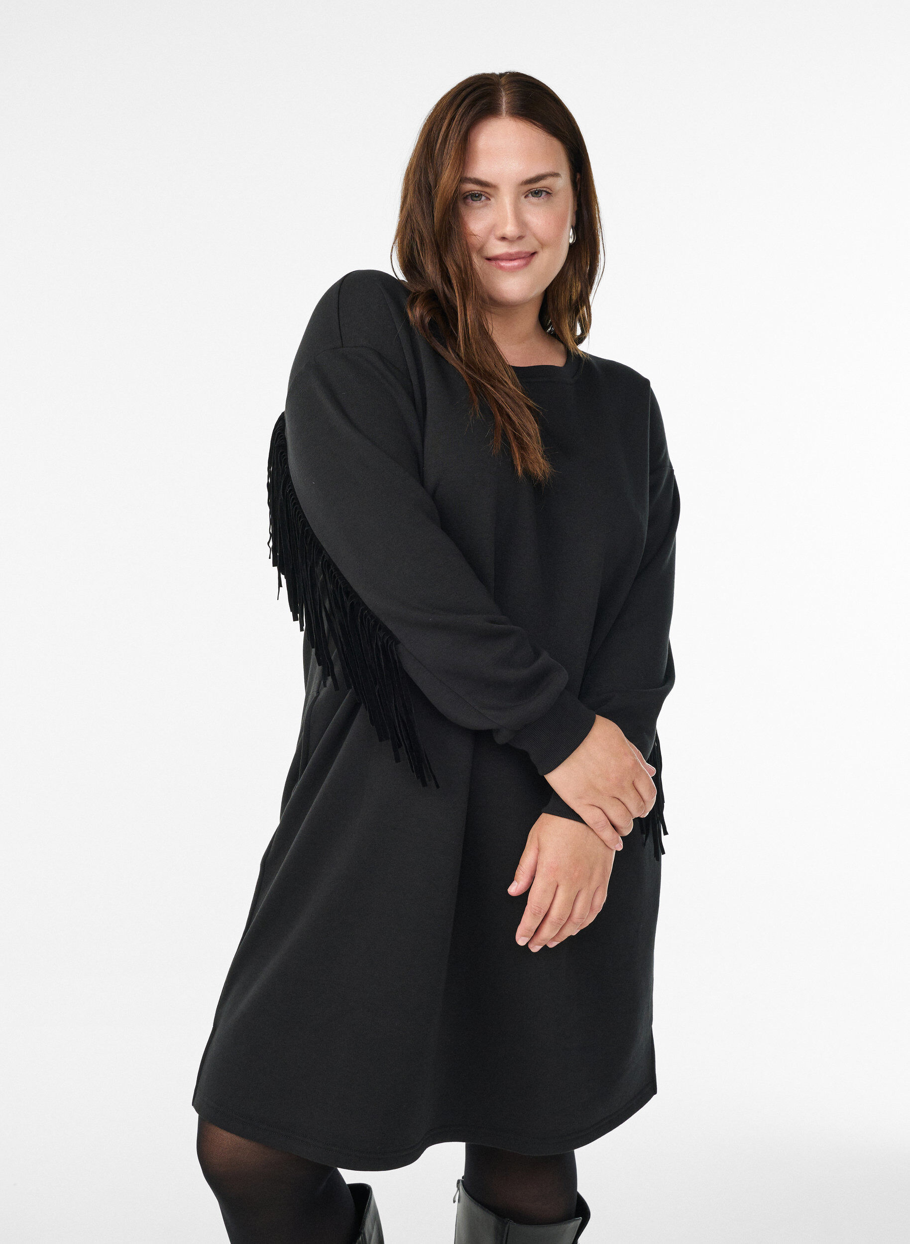 Robe sweat mi-longue avec franges, Noir, Model