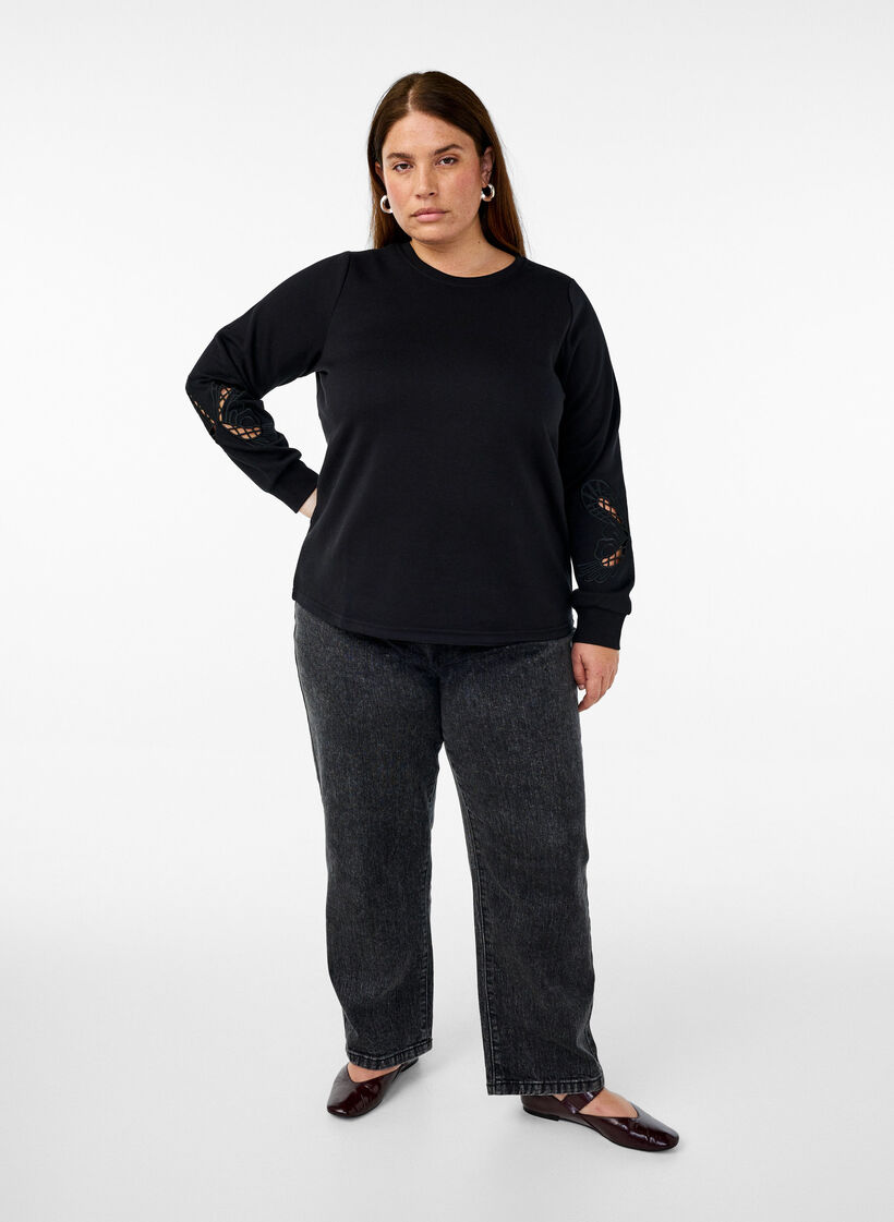 Sweatshirt met geborduurde uitsneden, Black, Model image number 3