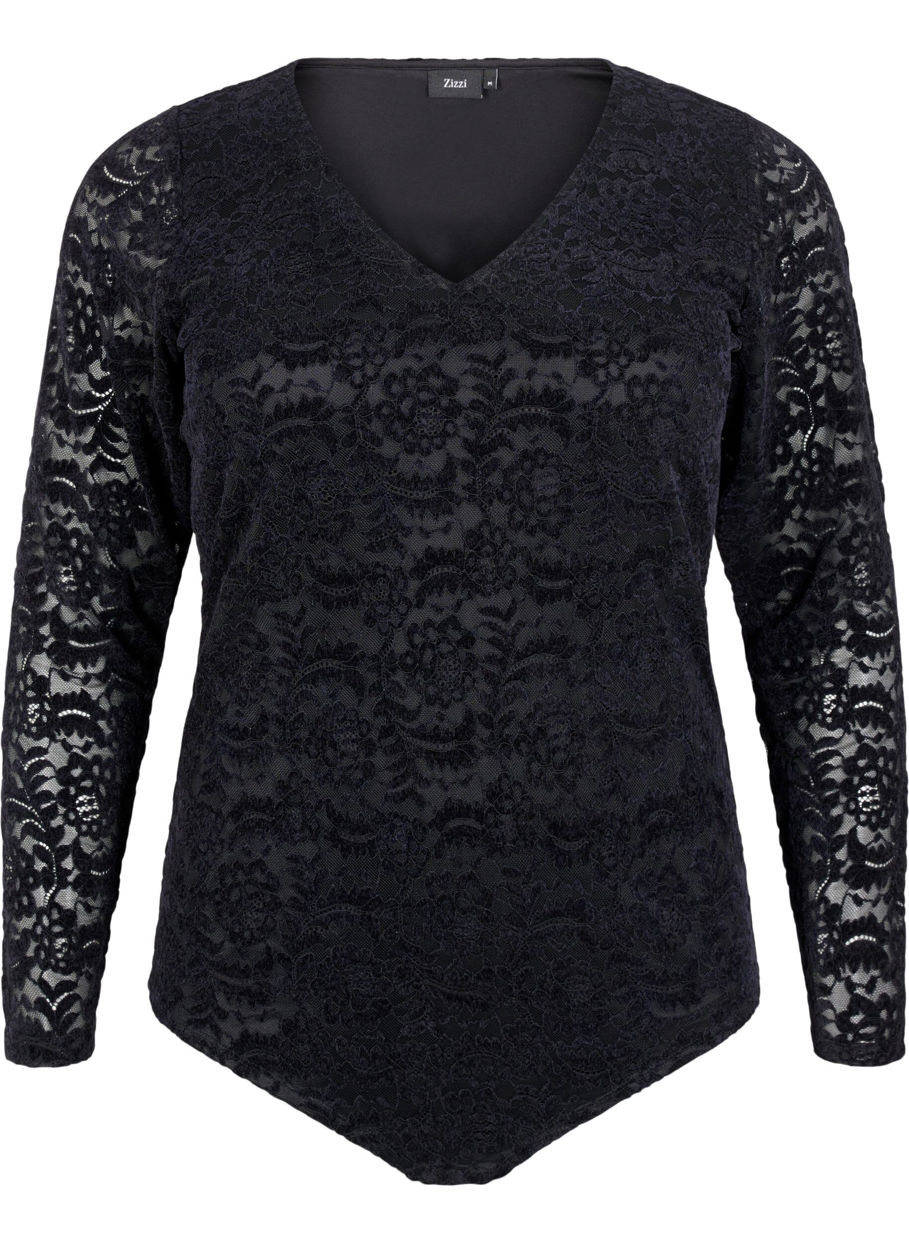 ZizziKanten bodystocking met lange mouwen, Black, Packshot image number 0