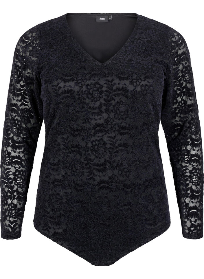 Kanten bodystocking met lange mouwen, Black, Packshot image number 0