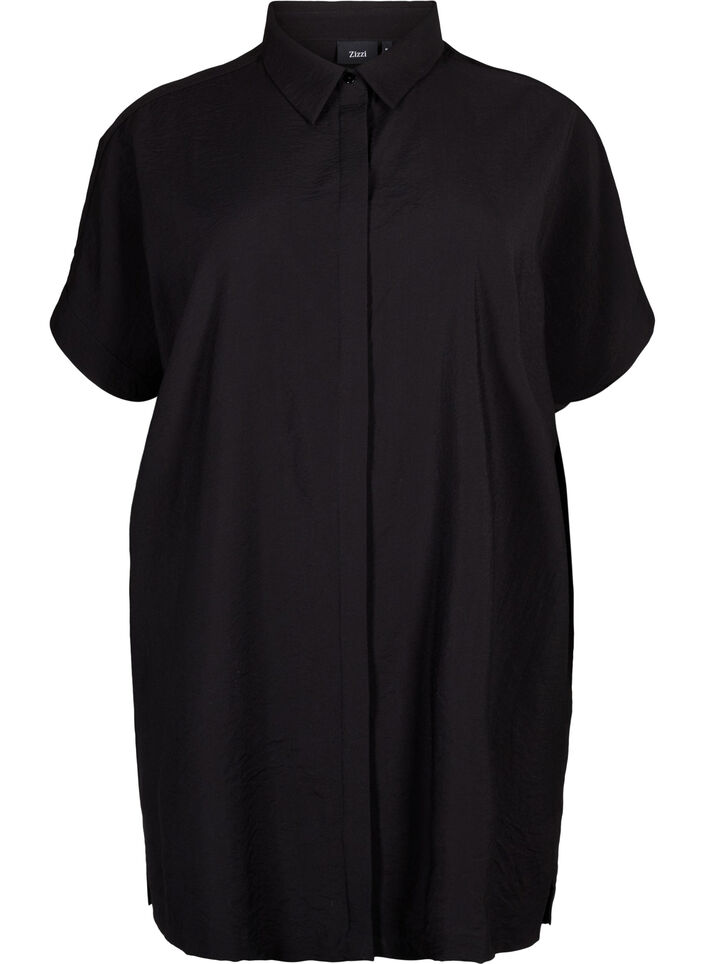 Lang shirt van viscose met korte mouwen, Black, Packshot image number 0