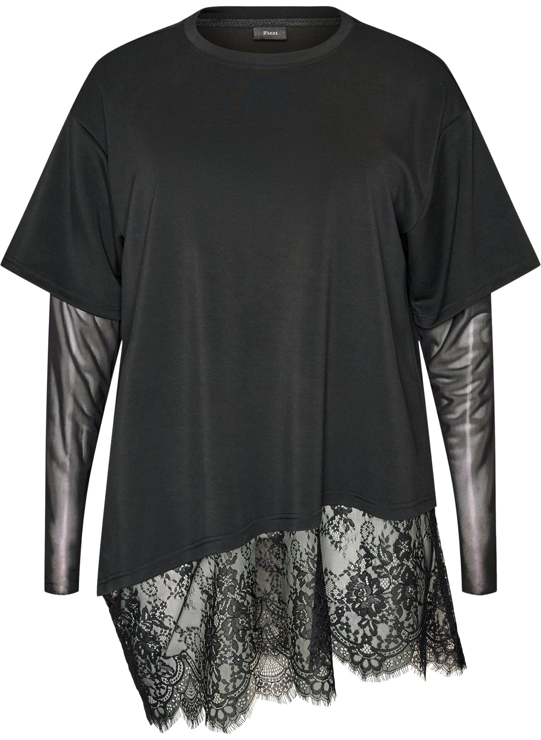 ZizziBlouse avec manches en maille et finitions en dentelle, Noir, Packshot image number 0