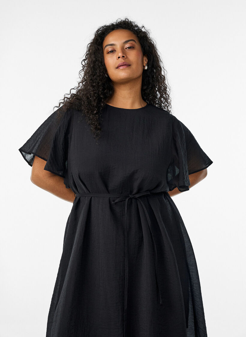 Robe longue avec manches papillon et taille &agrave; nouer, Noir, Model image number 2