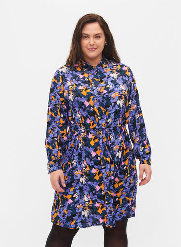 Robe chemise à fleurs en viscose, Purple Flower AOP, Model image number 0