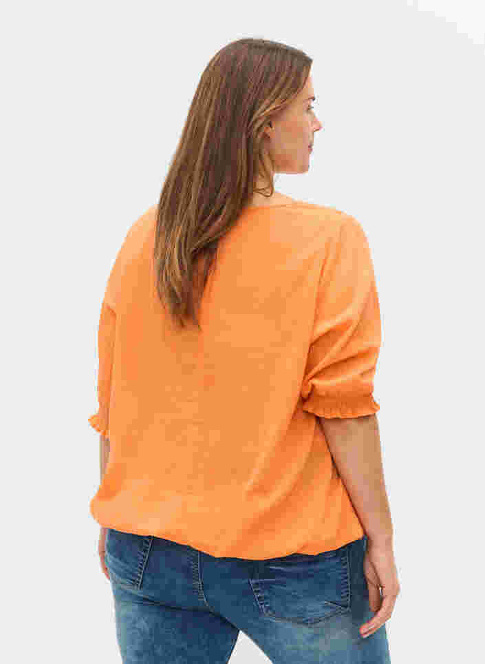 Blouse en coton à manches courtes avec smock, Nectarine, Model image number 1