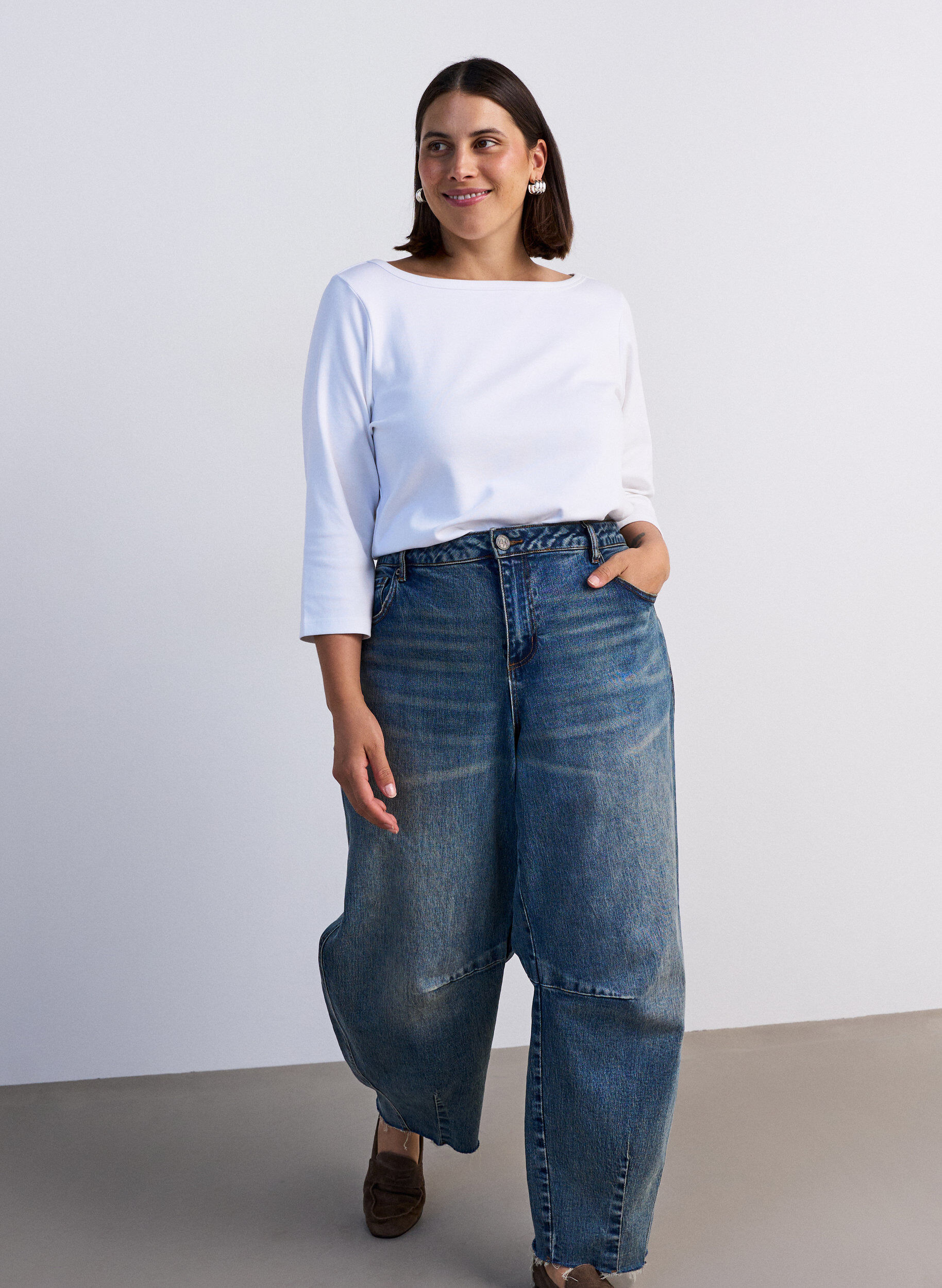 ZizziBasic T-shirt met boothals en 3/4-mouwen, Wit, Model image number 3