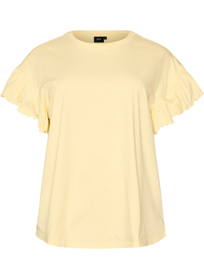 T-shirt en coton bio avec manches &agrave; volants, Jaune clair, Packshot image number 0