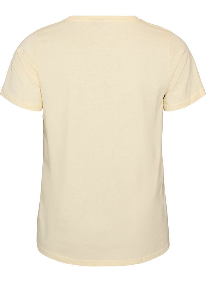 T-shirt en coton avec imprim&eacute; sur le devant et col en V, Beige, Packshot image number 1