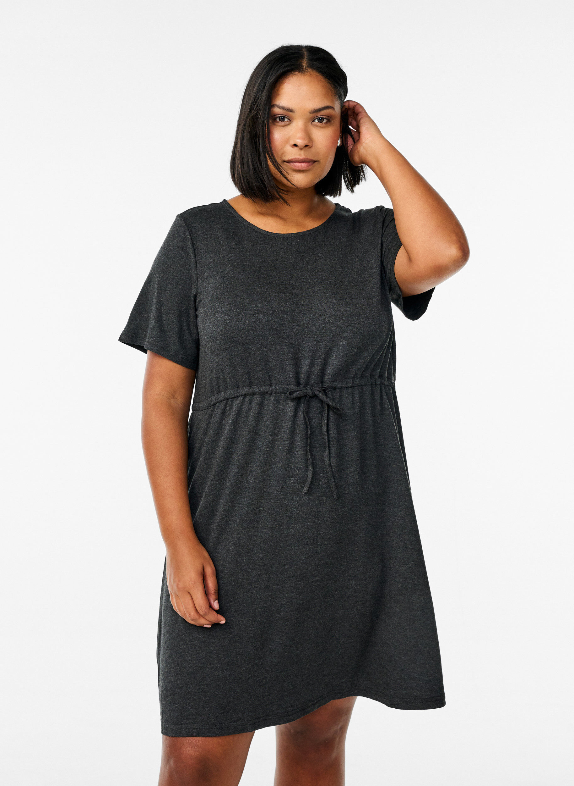 Korte jurk in jersey met strikceintuur, Grijs, Model