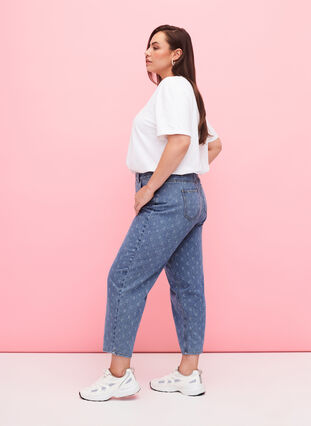 Cropped jeans met print en hoge taille, Blue denim, Model image number 3