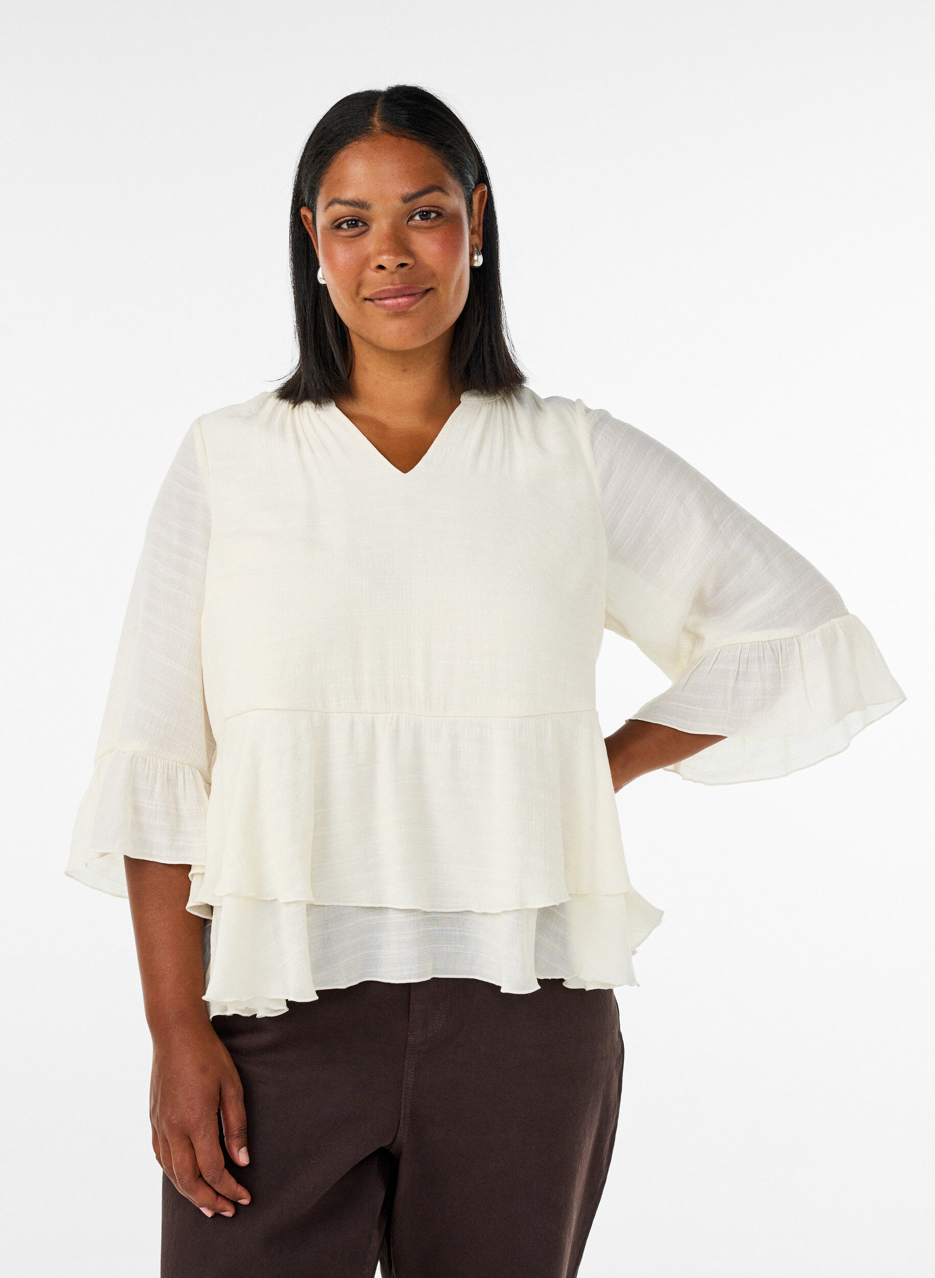 Blouse met 3/4-mouwen en ruchesdetails, Vanille, Model