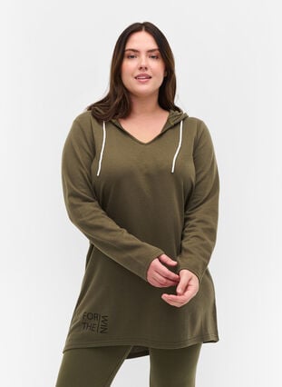 Lang sweatshirt met v-hals en capuchon, Ivy Green, Model image number 0