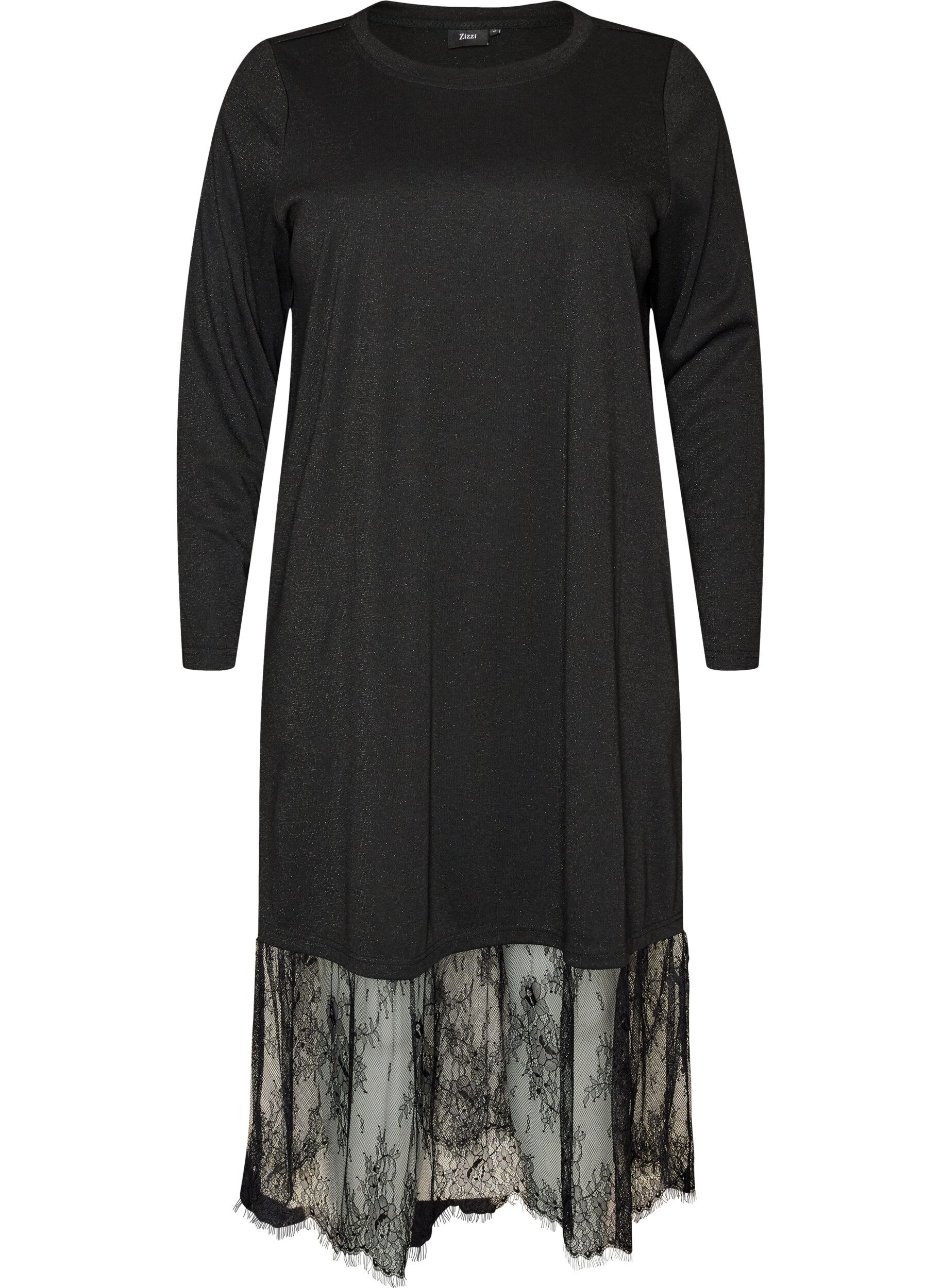ZizziJersey jurk met glitter en kanten rand, Zwart, Packshot image number 0