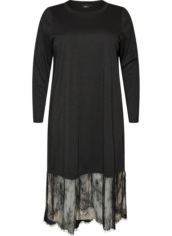 Jersey jurk met glitter en kanten rand, Zwart, Packshot image number 0