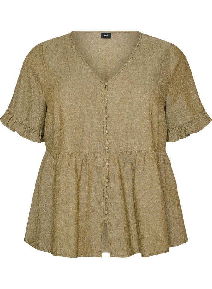 Blouse en lin et viscose avec un col en V et une fermeture boutonn&eacute;e, Vert, Packshot image number 0