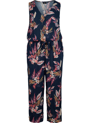 Viscose jumpsuit met tailleband en v-hals, Indian Summer Flower, Packshot image number 0
