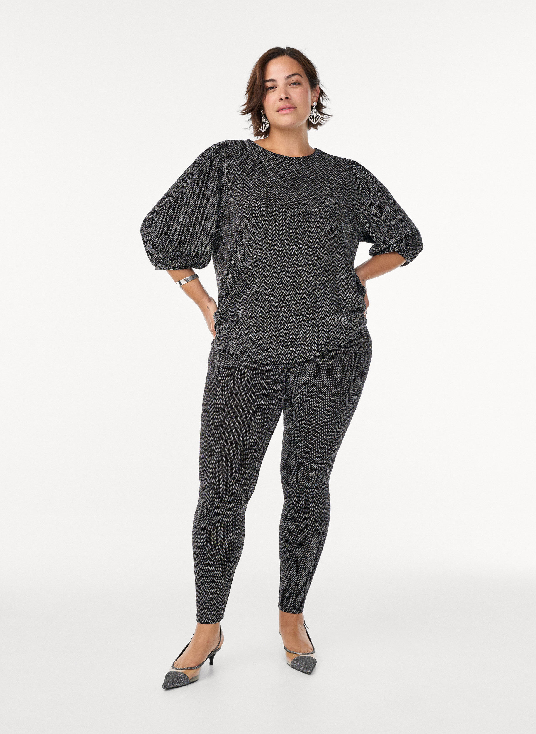 ZizziBlouse met glitterpatroon en 3/4 mouwen, Zwart, Model image number 1