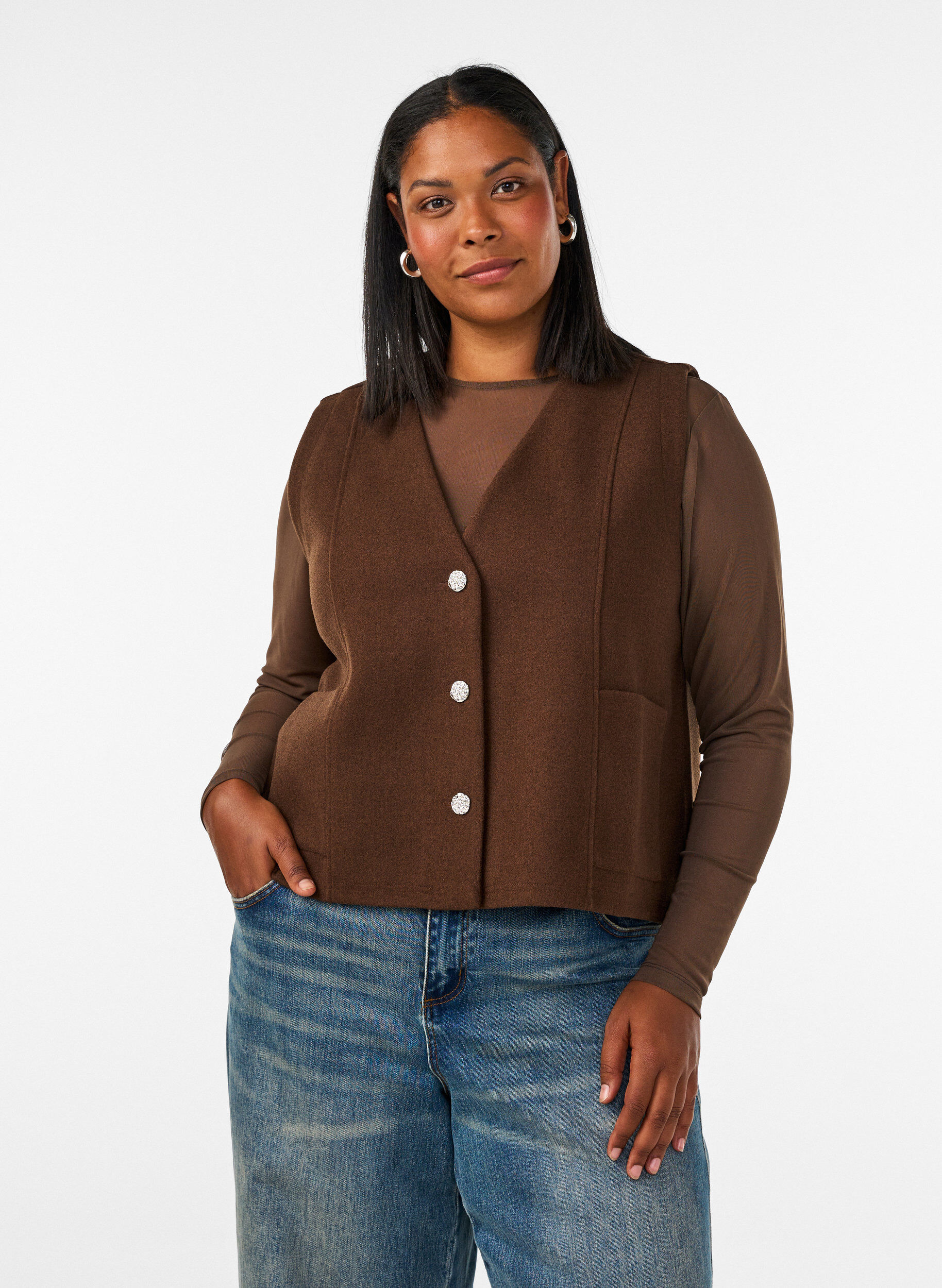 Gilet &agrave; col V avec boutons, Marron, Model