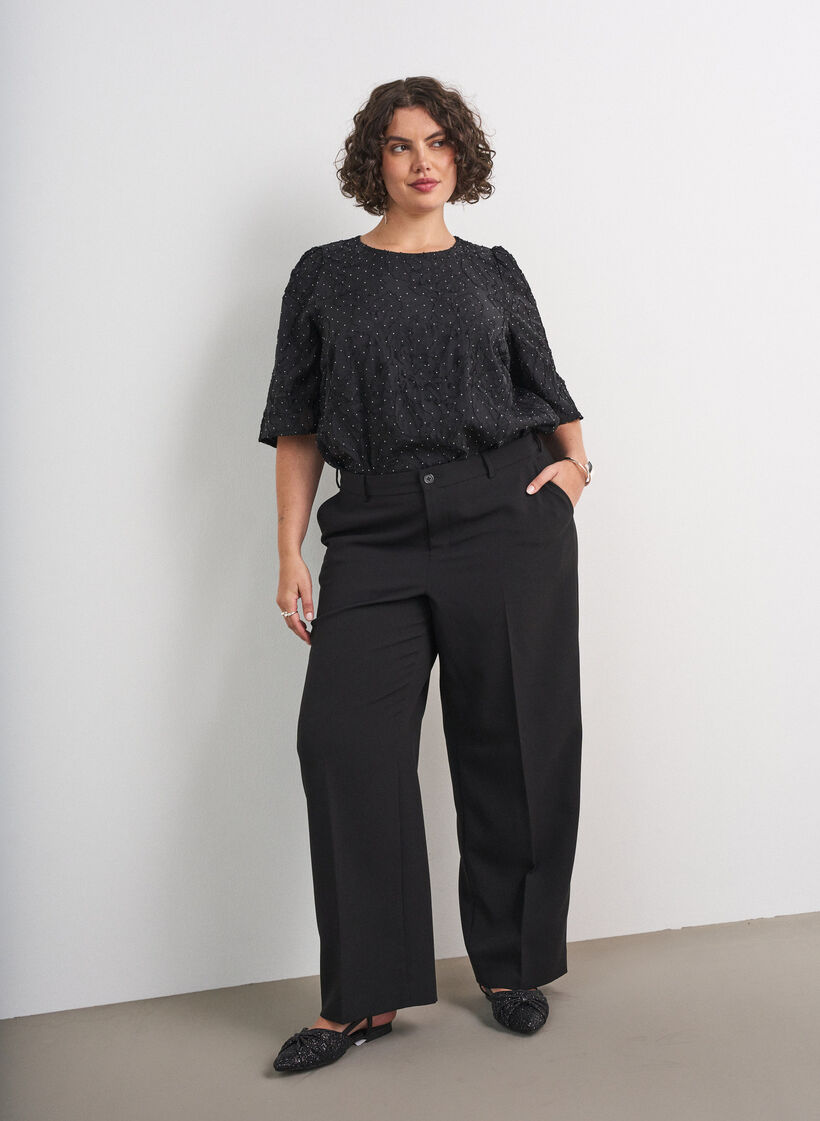 Blouse jacquard avec d&eacute;tails scintillants et manches bouffantes, Noir, Model image number 1