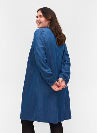 Robe en jean à manches longues avec col en V et cordon de serrage, Blue denim, Model image number 1