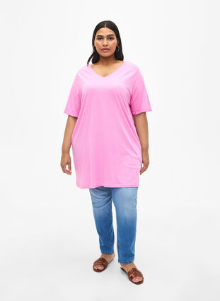 Effen kleur oversized v-hals t-shirt, Rosebloom, Model image number 2