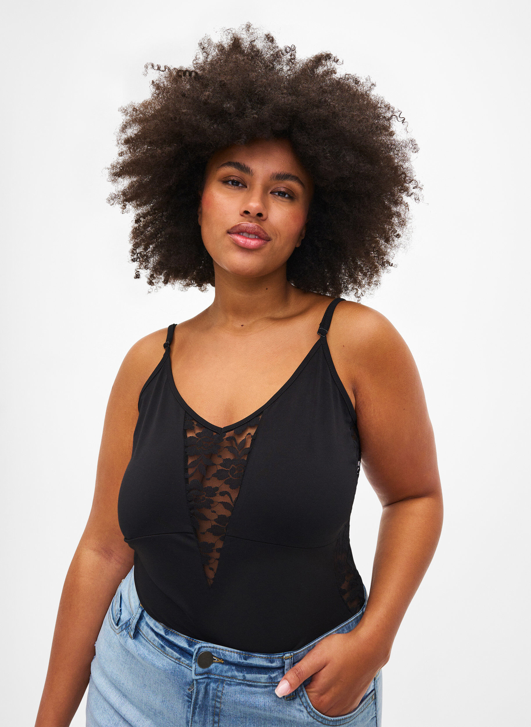 ZizziBodystocking met kant en spaghettibandjes, Black, Model image number 0