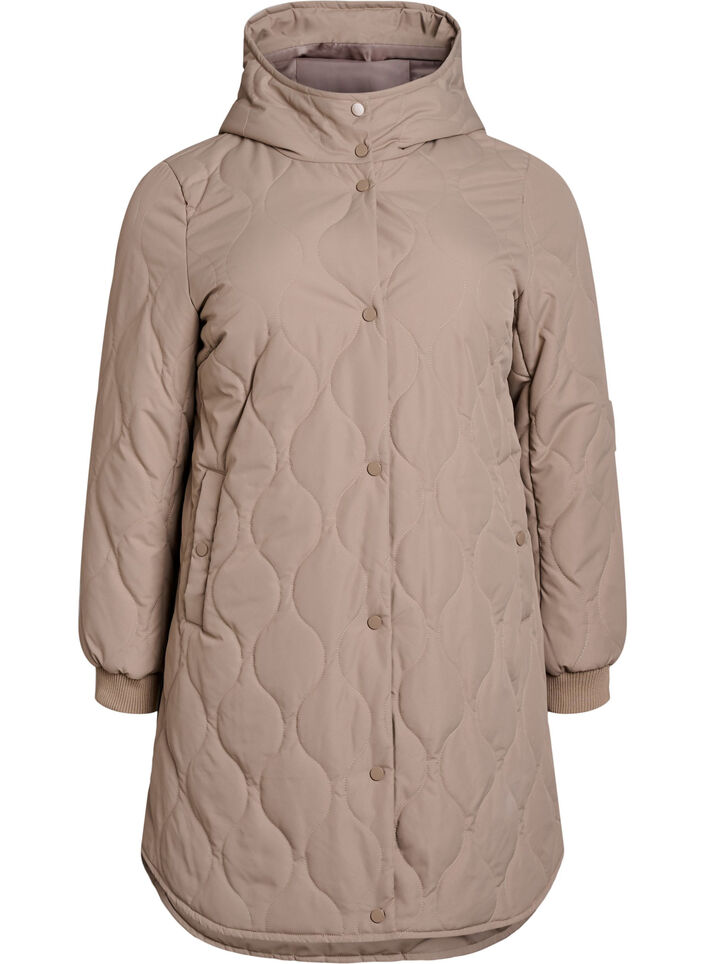 Veste matelass&eacute;e mi-longue avec capuche, Marron, Packshot