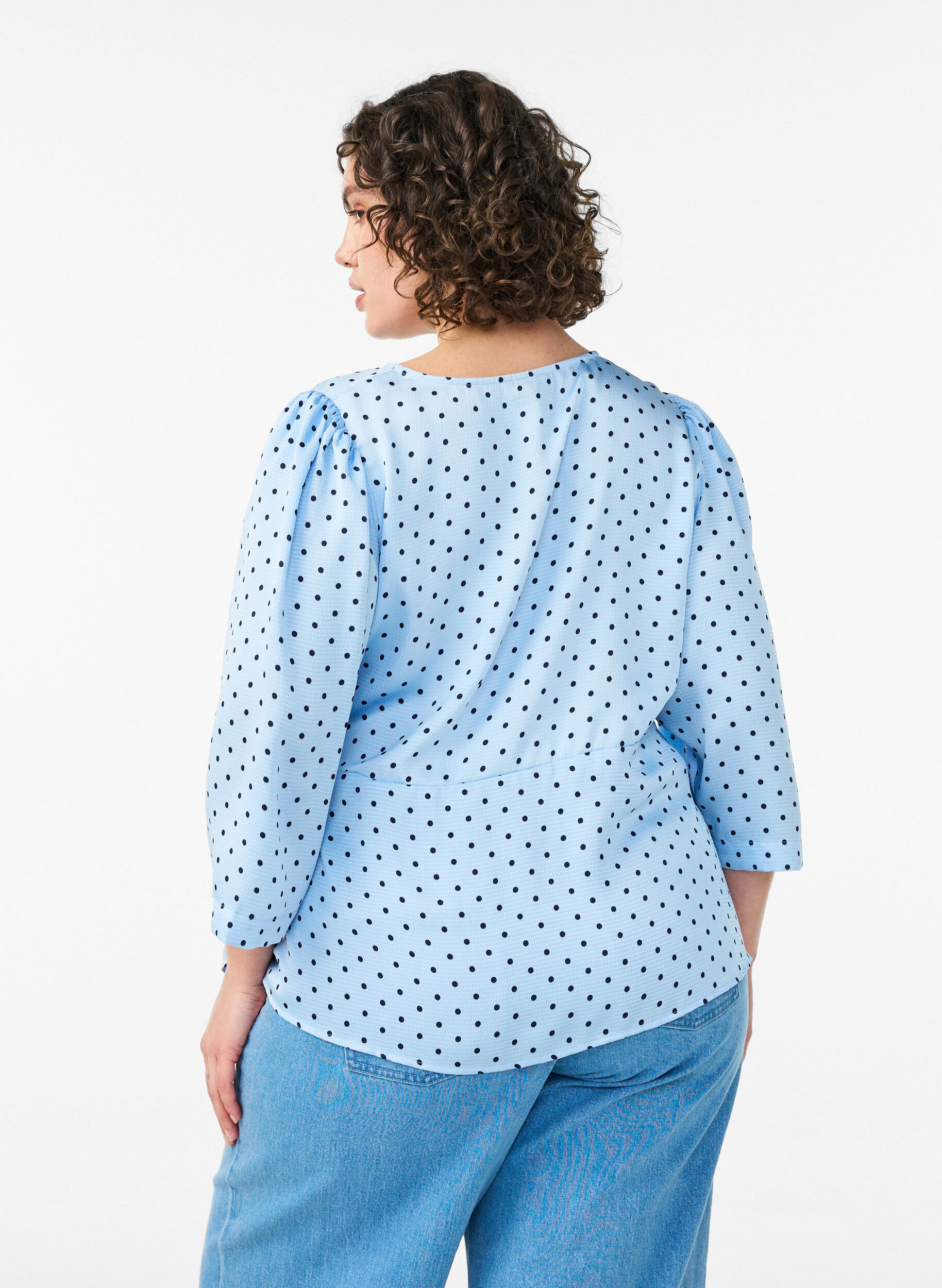 ZizziBlouse met stippen, striksluiting en 3/4-mouwen, Blauw, Model image number 2