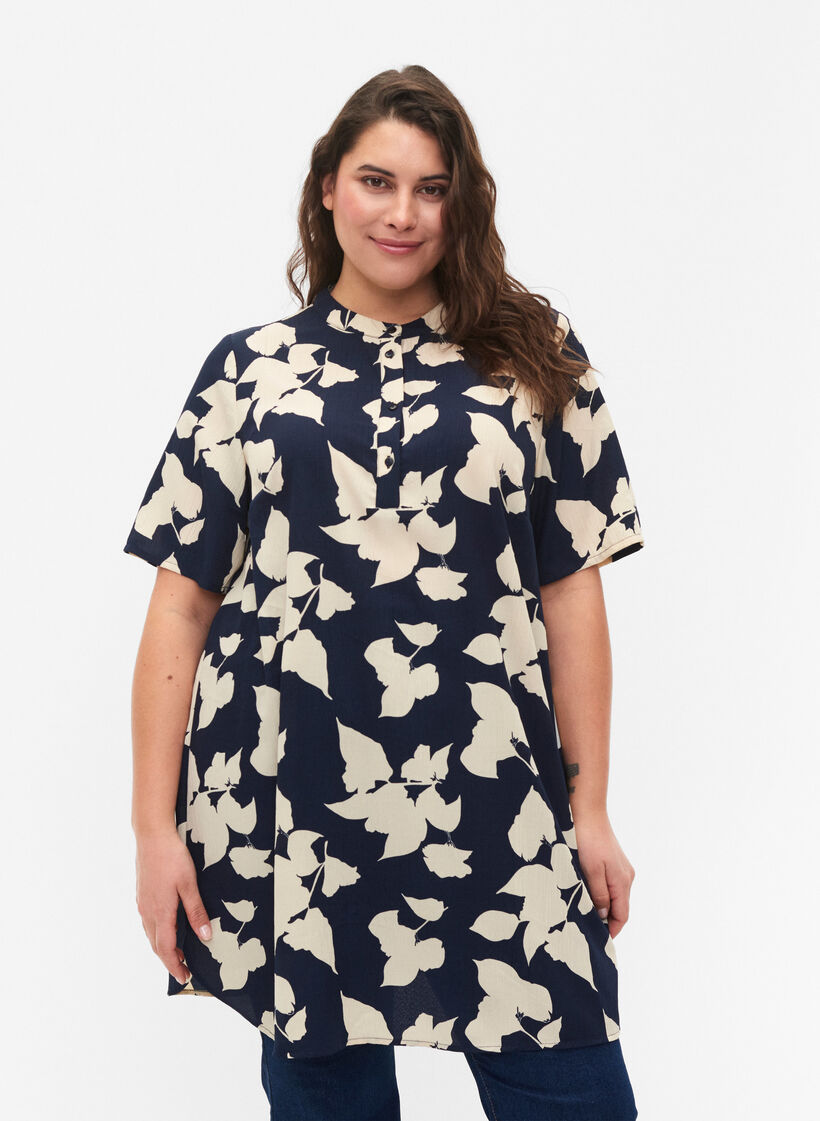 FLASH - Bloemen tuniek met korte mouwen, Blue White Flower, Model image number 0