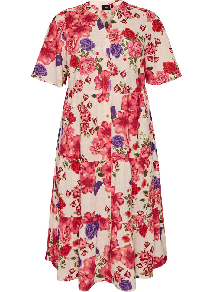 Robe midi en coton avec imprim&eacute; floral, Rouge, Packshot image number 0