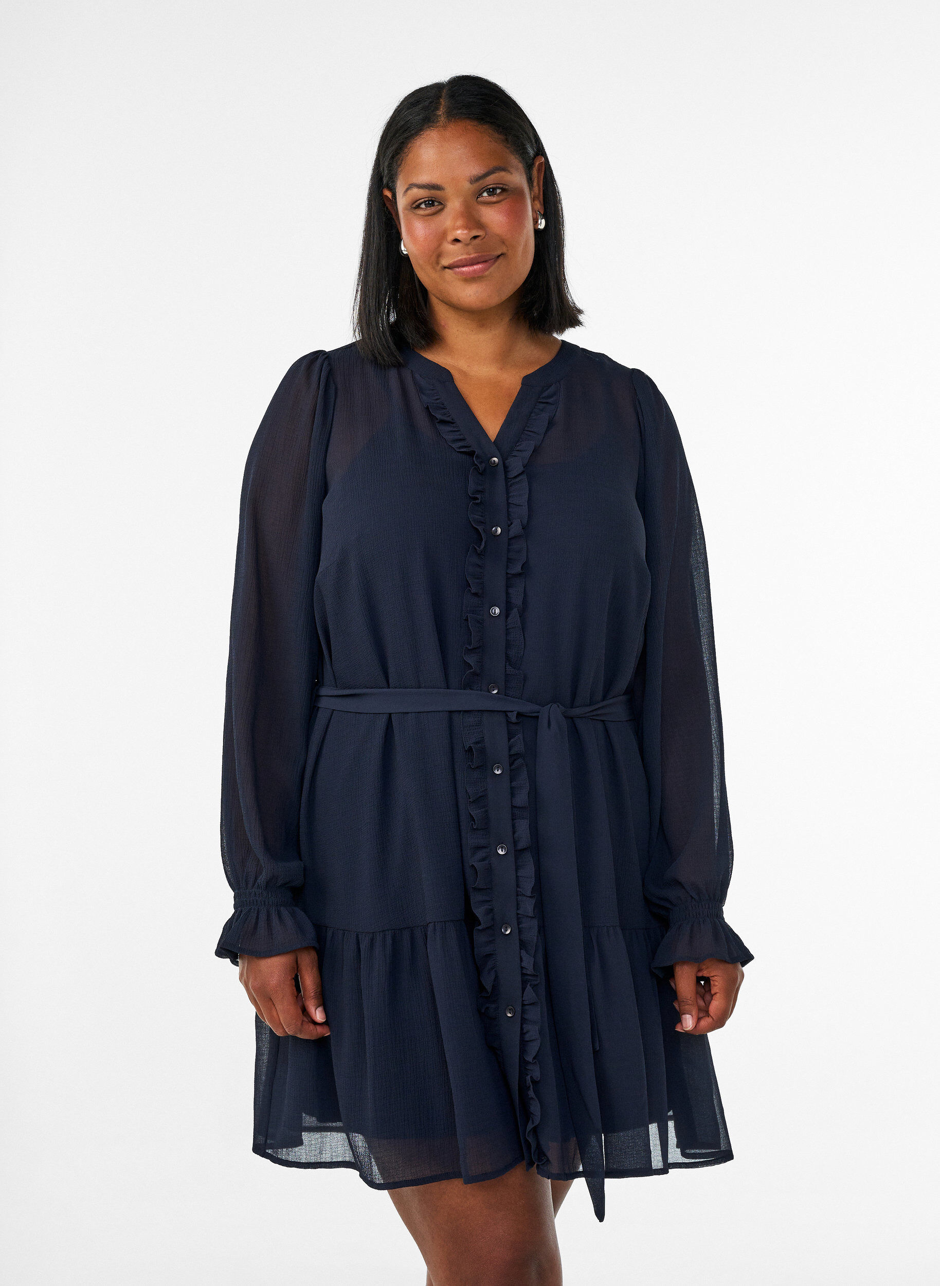 ZizziKorte jurk met ruches en een strikceintuur, Blauw, Model image number 0