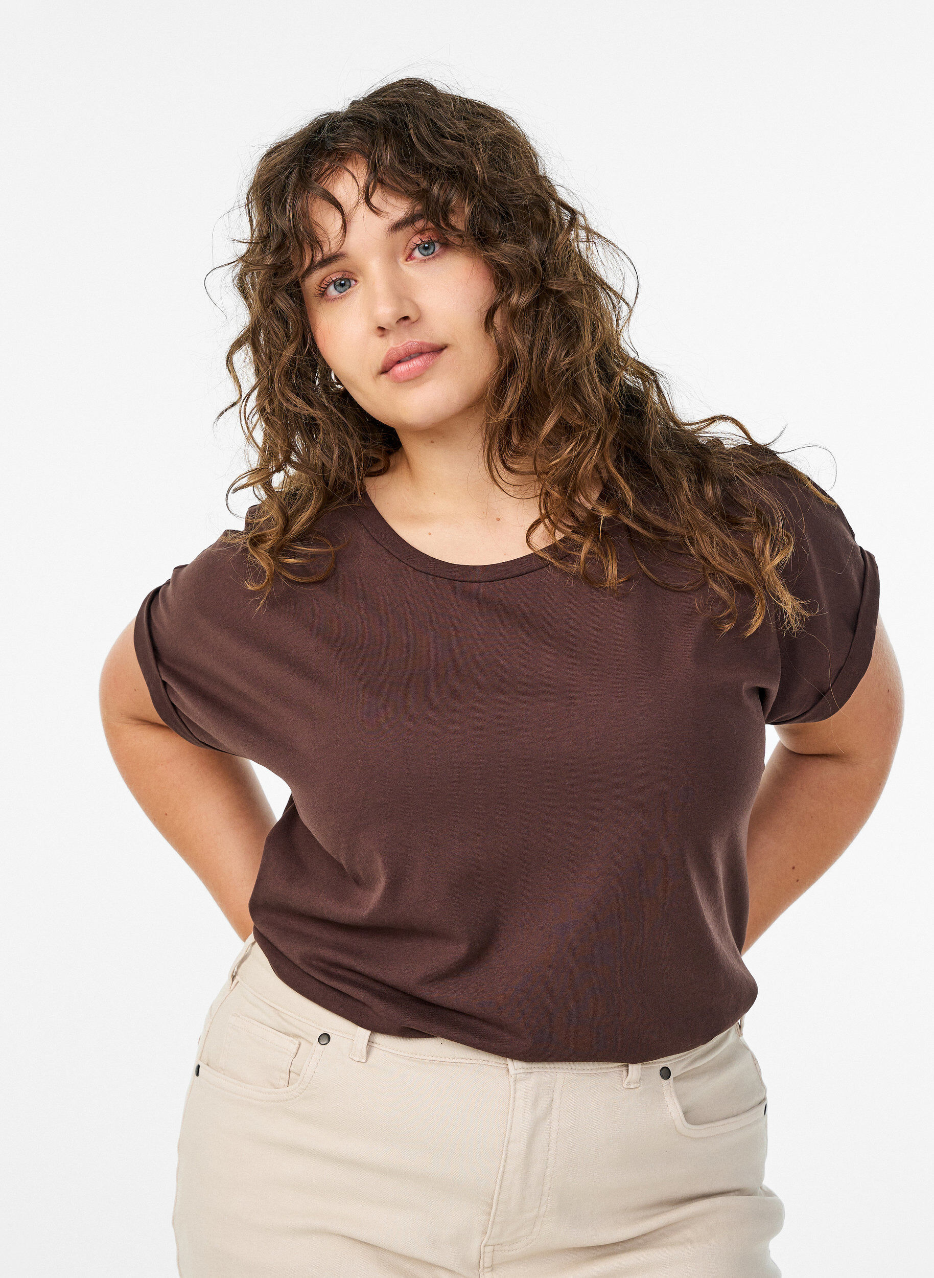 ZizziT-shirt met korte mouwen van katoenmix, Bruin, Model image number 0